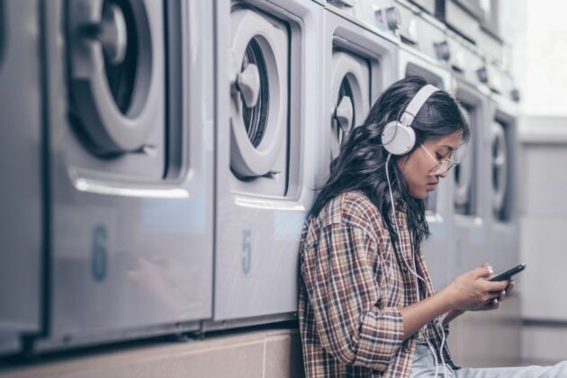 Student at campus laundry