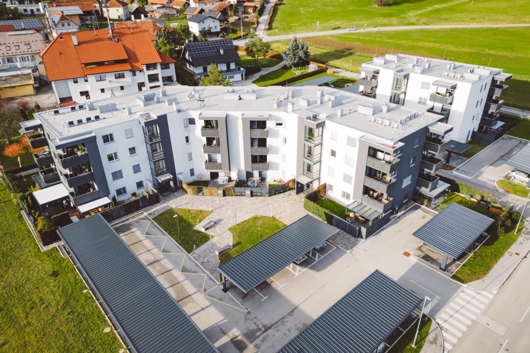 A birds eye view of a shared housing complex